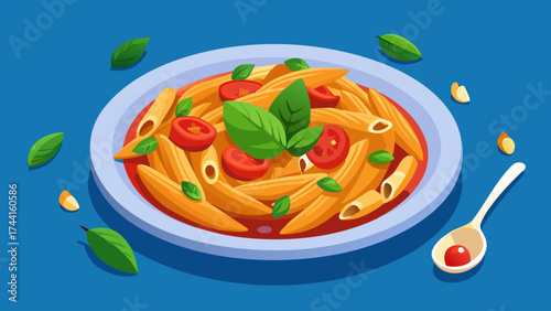 A bowl of pasta with tomatoes and basil on top. The bowl is on a blue background. A spoon is next to the bowl