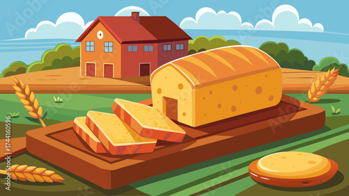 A wooden board with a loaf of bread and some slices of bread on it. The bread is yellow and the board is brown