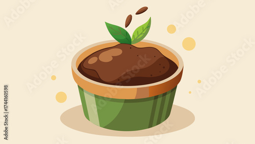 A green container with a brown substance inside. The container is on a white background. The brown substance is a type of dessert