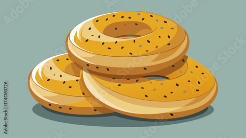 Three donuts stacked on top of each other. The donuts are yellow and have black specks on them