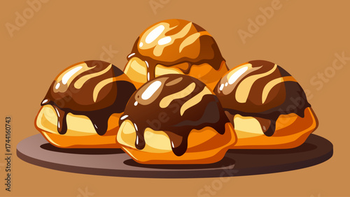 A plate of four chocolate covered pastries. The pastries are covered in chocolate and have a brown and white swirl pattern