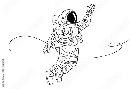 Astronaut in a detailed line drawing style floats in zero gravity with a tether trailing behind