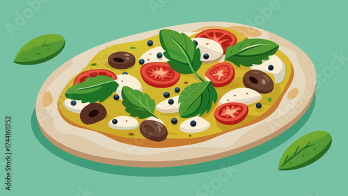 A pizza with tomatoes, olives, and basil on a green background. The pizza is sliced and ready to be eaten