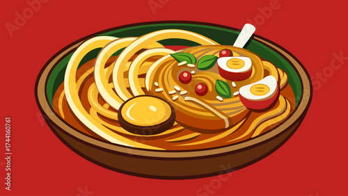 A bowl of noodles with egg and meat in it. The bowl is brown and the noodles are yellow