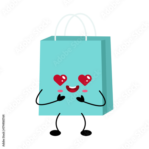 Kawaii shopping bag character with heart eyes and cheerful expression, perfect for playful designs