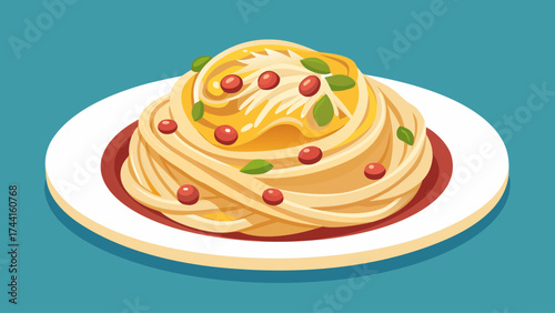 A plate of pasta with meatballs and green vegetables. The pasta is covered in sauce and the meatballs are scattered throughout the dish. The green vegetables add a pop of color