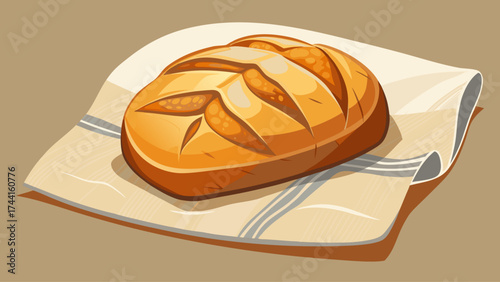 A piece of bread is on a napkin. The bread is brown and has a crust. The napkin is white and has a pattern