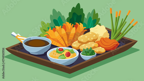 A tray of food with a variety of vegetables and sauces. The tray is on a green background