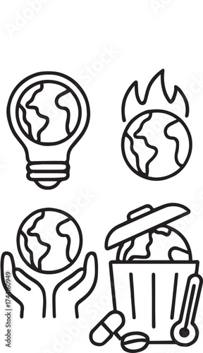Earth awareness icon set in black line style with sustainability, climate crisis, care, and pollution symbols for eco themes