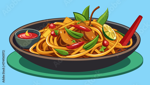 A bowl of noodles with meat and vegetables. There is a spoon on the right side of the bowl