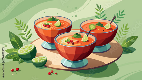 Three bowls of soup with a spoon in each bowl. The bowls are on a wooden table with a green background