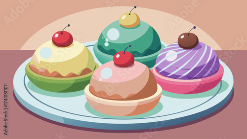 A plate of four different colored ice cream cones with cherries on top. The plate is on a table