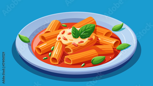A plate of pasta with a sauce and a bunch of green leaves on top. The plate is blue and white