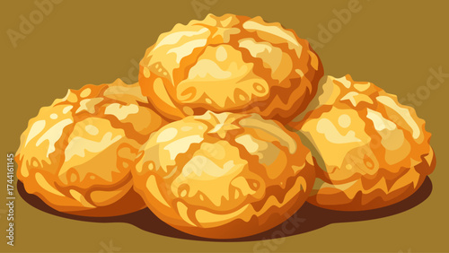 A stack of yellow pastries on a table. The pastries are small and round, and they are piled on top of each other. The image has a warm and inviting mood