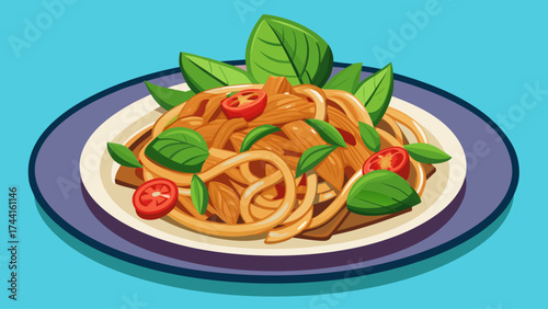 A plate of pasta with tomatoes and basil. The plate is blue and white. The pasta is long and thin