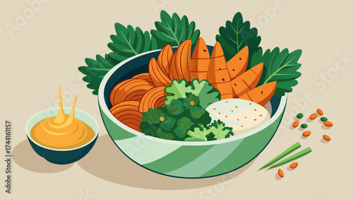 A bowl of food with a green salad and carrots. A small bowl of sauce is on the table