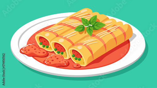 A plate of pasta with sauce and a green leaf on top. The pasta is long and looks delicious