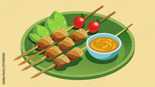 A plate of food with skewers and sauce. The plate is green and the food is brown