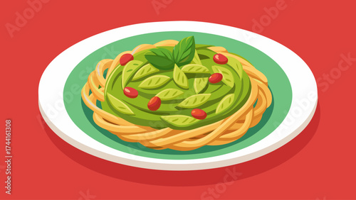 A plate of pasta with green vegetables and red sauce. The pasta is arranged in a way that makes it look appetizing and inviting