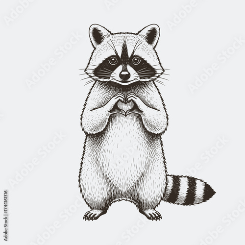A charming raccoon Showing Heart sign by hands, standing upright, Valentines Day Vintage T-shirt Graphic