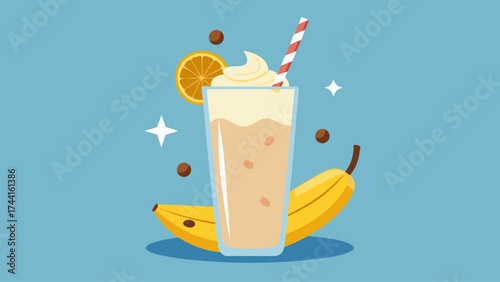 A banana and orange are on a blue background with a glass of milk. The banana is next to the glass and the orange is on top of it