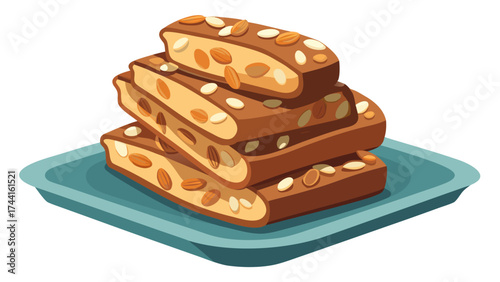 A stack of brownies with nuts on top of each other. The brownies are piled on top of each other and are sitting on a blue plate