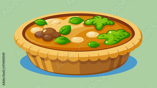 A delicious looking pie with a green leaf on top and a variety of vegetables scattered around it. The pie is brown and has a crispy crust, while the vegetables are soft and tender