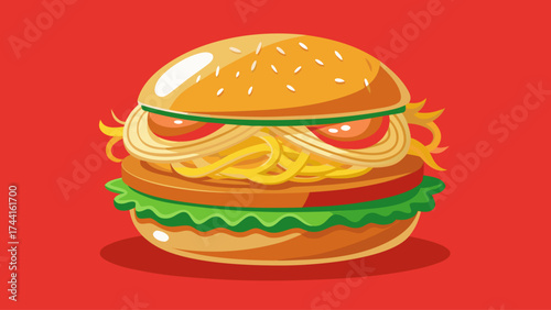 A cartoon hamburger with a face on it. The burger is covered in spaghetti and has a lot of toppings