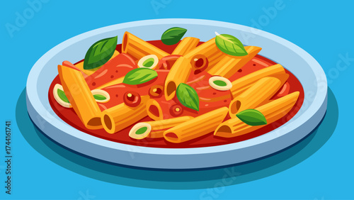 A plate of pasta with sauce and green leaves. The pasta is long and thin, and the sauce is red. The green leaves are scattered throughout the dish, adding a pop of color and freshness