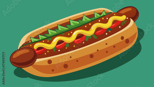 A hot dog with mustard and relish on a green background. The hot dog is the main focus of the image