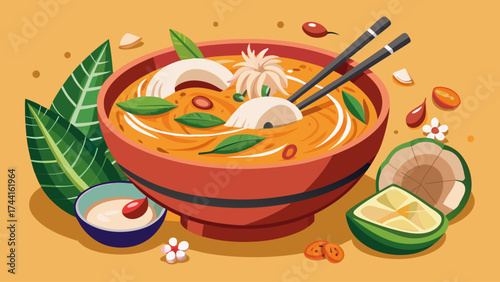 A bowl of soup with chopsticks and a lime on the right. The bowl is red and the soup is orange