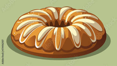 A cake with a white frosting and a yellow center. The cake is round and has a hole in the middle