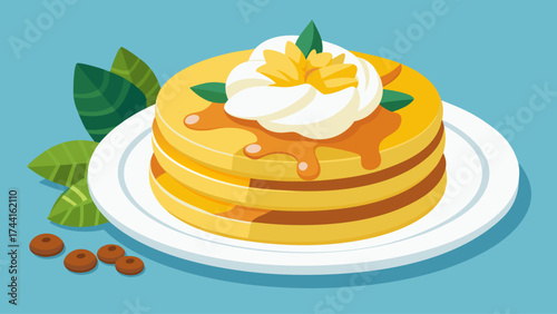 A stack of pancakes with whipped cream and a leaf on top. The pancakes are yellow and the whipped cream is white