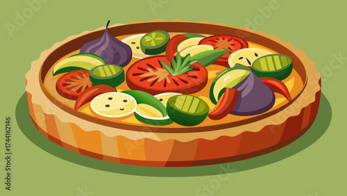 A pie with a variety of vegetables including tomatoes, peppers, and onions. The pie is placed on a green background
