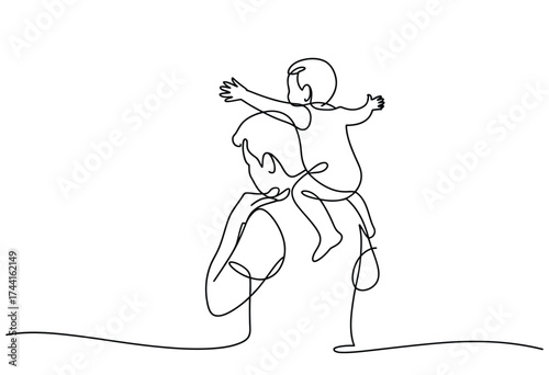 Minimalist continuous line drawing captures father carrying child on shoulders with arms outstretched