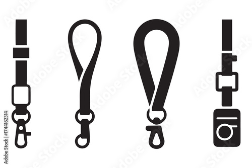webbing lanyard strap icon set. Vector Black silhouettes. with white background