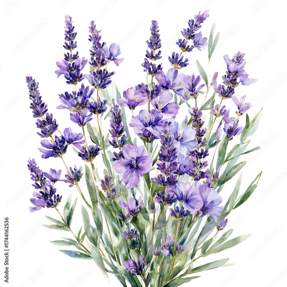 Obraz premium a delicate watercolor painting depicts a lush bouquet of purple lavender flowers with vibrant blooms and slender green stems against a clean white background.