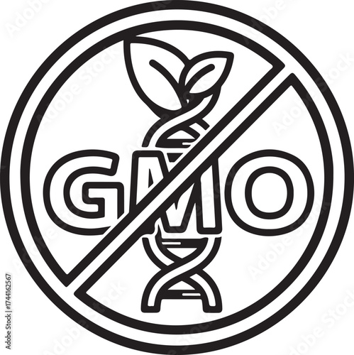 Vector art of black and white illustration of a nongmo symbol, representing food products that are free from genetic modification, promoting healthy and natural eating habits on