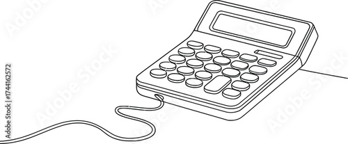 Minimalist line art illustration of a vintage calculator connected to a long cord on a plain background
