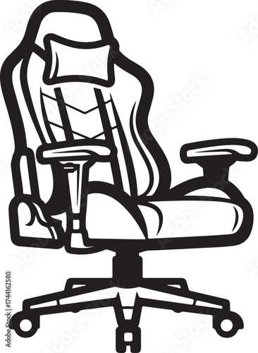 Illustration of a black and white gaming chair, perfect for esports, streaming, or creating a comfortable gaming setup, providing ergonomic support and style on