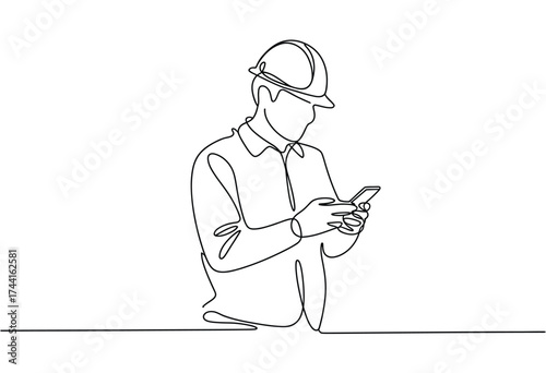 Minimalist line art depicts a construction worker focused on their mobile phone