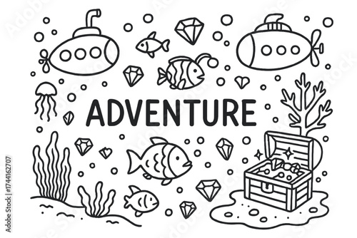 Deep Sea Adventure. Doodle deep sea adventure with submarines, fish, and gems, center word “Adventure” in black and white isolated