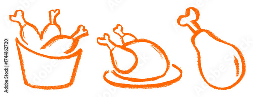 Fried Chicken Related Icon Crayon Chalk Drawing Doodle Vector Set