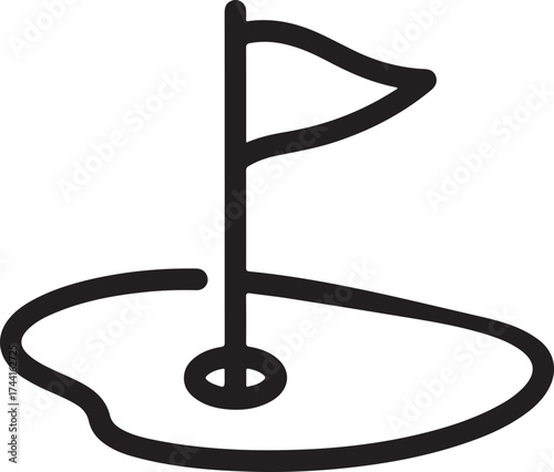 Vector art of black and white illustration of a golf hole with a flag, representing the sport of golf, leisure activities, and outdoor recreation on