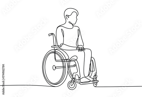 Minimalist line art depicts a person sitting in a wheelchair facing to the side
