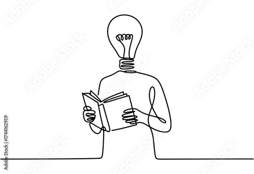 Conceptual single line drawing of a person with a lightbulb for a head reading an open book