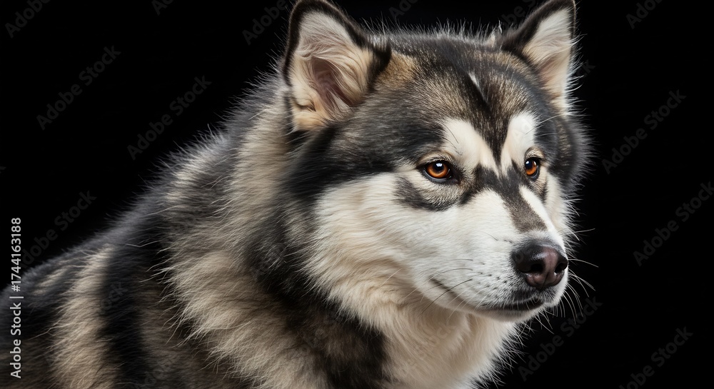 Obraz premium Magnifique Malamute regarde intens�ment lumi�re douce isole fond noir. AI Generated