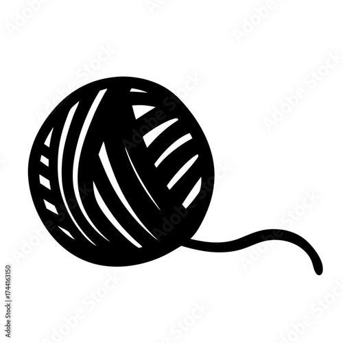 Vector art of a simple black and white drawing of a ball of yarn with a loose end for knitting and crafting projects