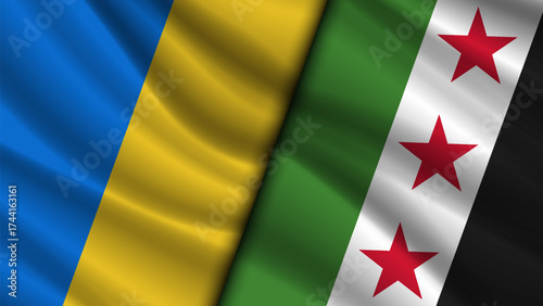 Vector wavy national flags of Ukrainian and new Syrian Arab Republic. Relations between countries. Ukraine and Syria. Political economic banner