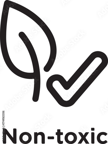 Vector art of nontoxic symbol featuring a leaf and a checkmark, indicating product safety and environmental friendliness, ideal for ecofriendly branding and product labeling on